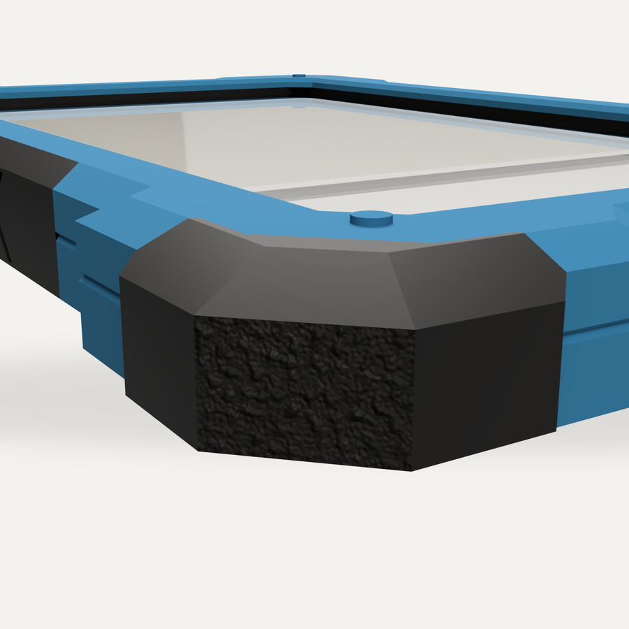 Close-up of the flexible black corner cap captured by the blue frame