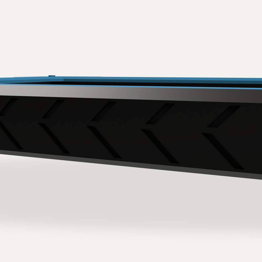 Close-up of a treaded black TPU strip along the long edge of EXO