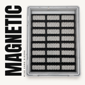 24 black magnetic honeycomb risers in three columns inside a gray Zion display case, with MAGNETIC running up the left side
