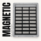 24 black magnetic honeycomb risers in three columns inside a gray Zion display case, with MAGNETIC running up the left side