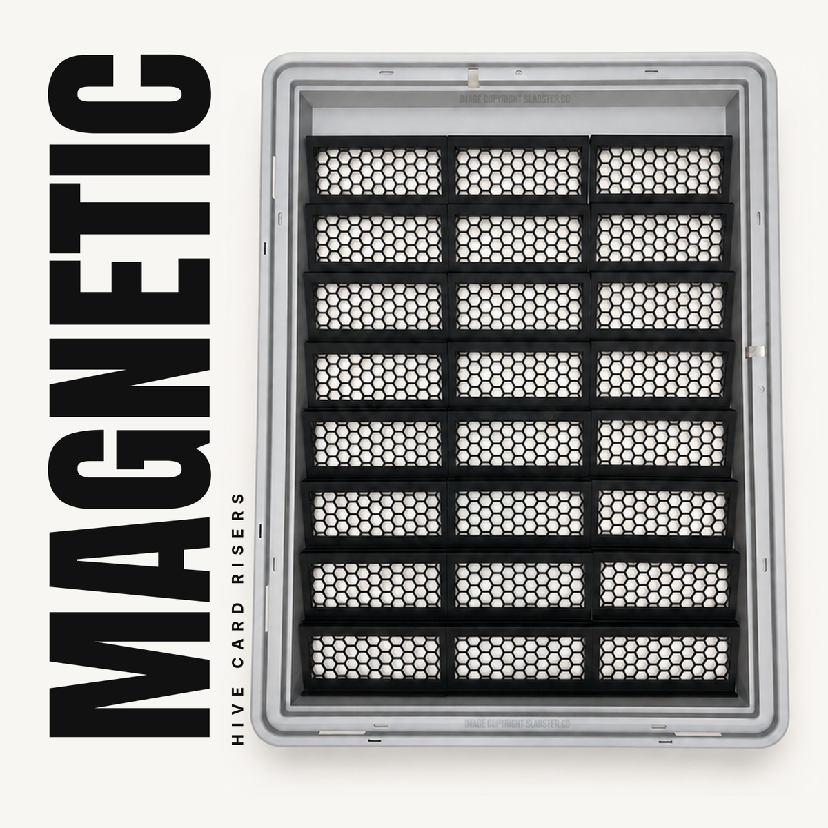 24 black magnetic honeycomb risers in three columns inside a gray Zion display case, with MAGNETIC running up the left side