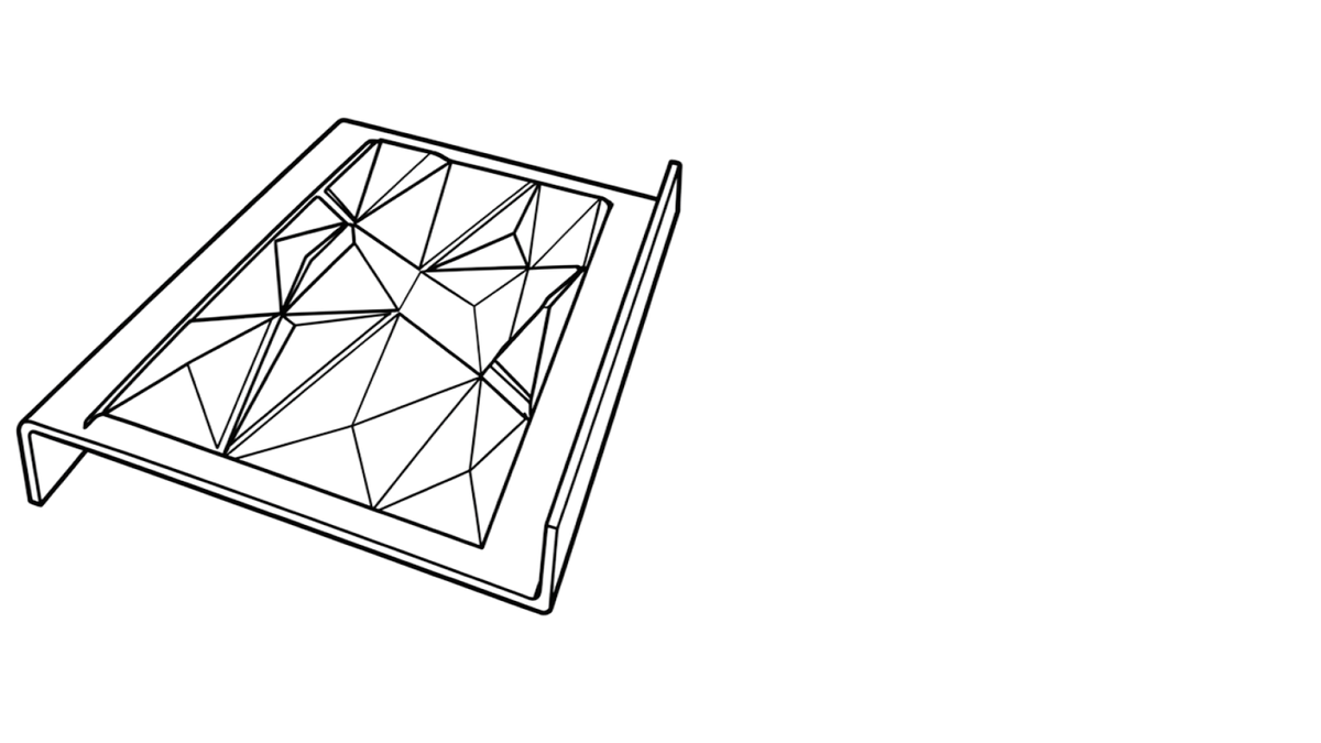 Black line art illustration of a geometric faceted display case card riser on a plain white background.