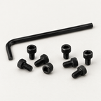Eight black M3 socket head screws scattered in front of a black 2.5 mm hex key, shown at an angle