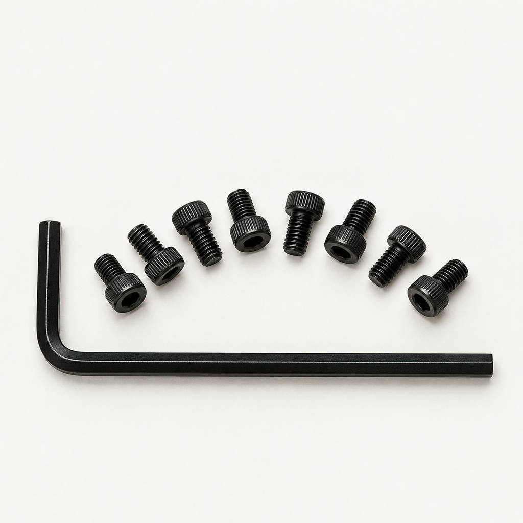 Eight black M3 socket head screws arranged in an arc above a black 2.5 mm hex key
