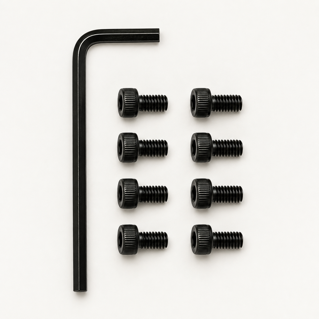 Slabster EXO Hardware Kit: one black 2.5 mm hex key beside eight black M3 socket head screws laid out in two rows of four