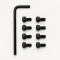 Slabster EXO Hardware Kit: one black 2.5 mm hex key beside eight black M3 socket head screws laid out in two rows of four