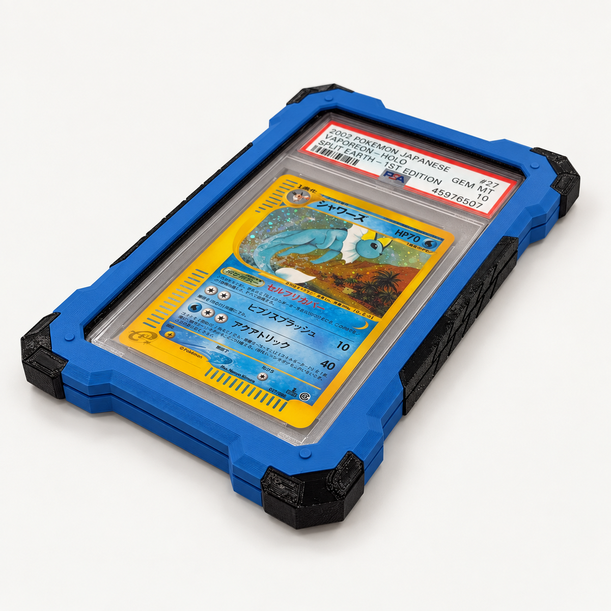 Slabster EXO in Marine Blue holding a PSA slab, three-quarter view