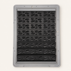 24 black faceted risers with triangular panels inside a gray Zion display case