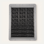Top-down view of 24 black faceted risers in three columns inside a gray Zion display case