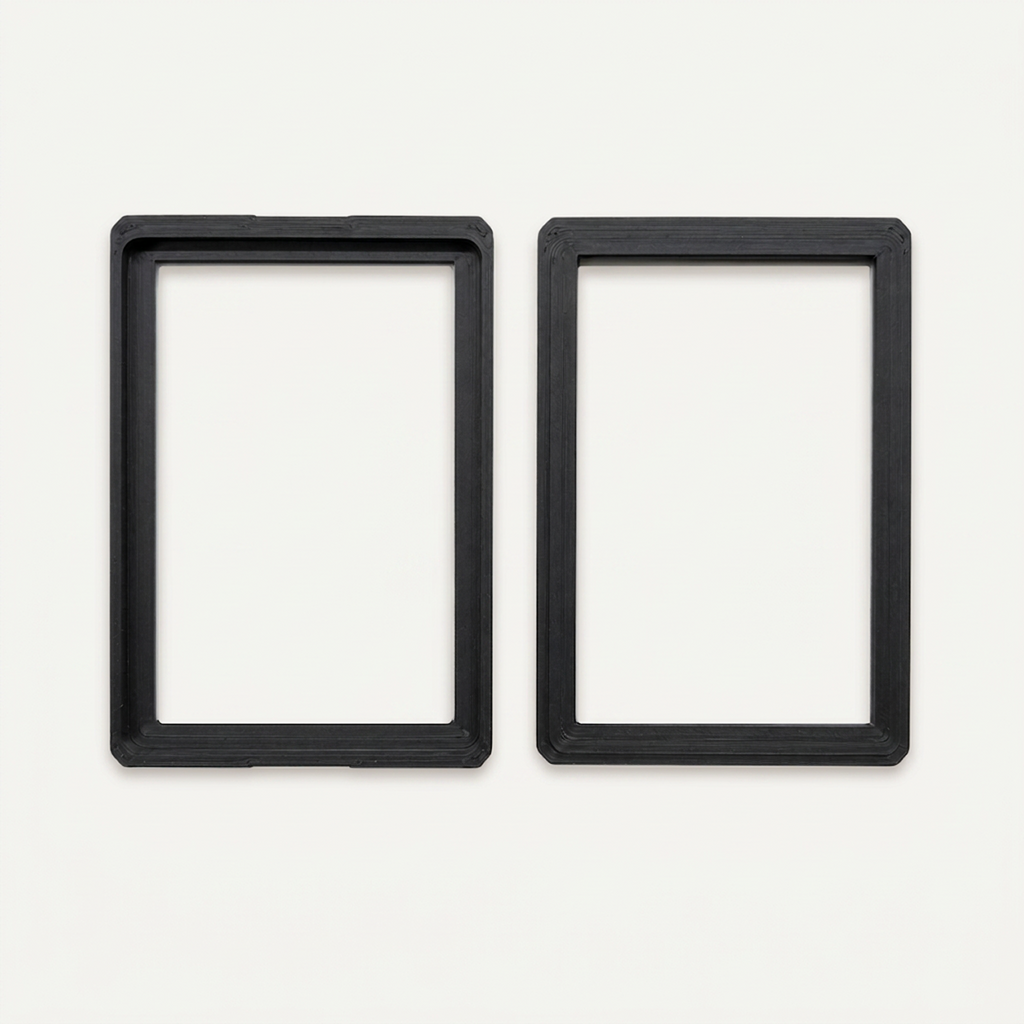 Black toploader guard opened into its two halves, showing the inside of each half
