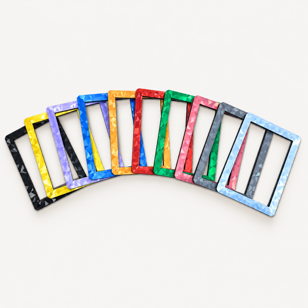 Variety 10-pack of holographic toploader guards fanned out in ten assorted colors