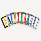 Variety 10-pack of holographic toploader guards fanned out in ten assorted colors