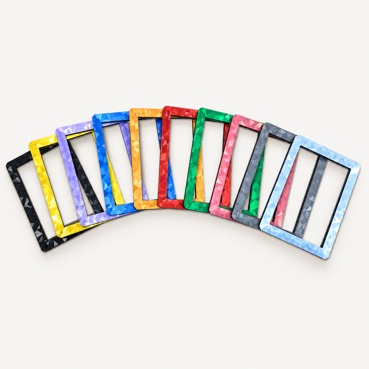 Variety 10-pack of holographic toploader guards fanned out in ten assorted colors