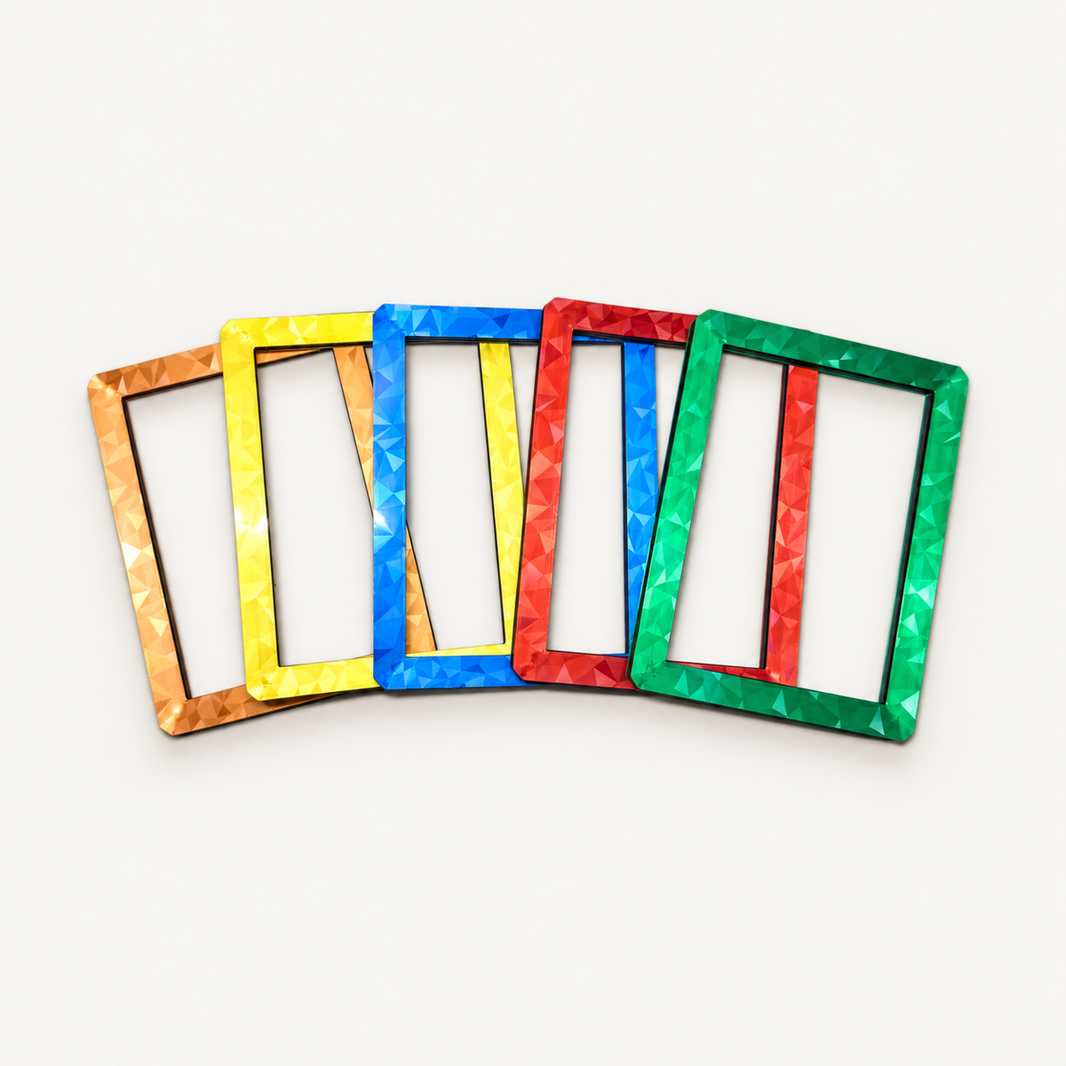 Variety 5-pack of holographic toploader guards fanned out: orange, yellow, blue, red, and green