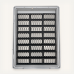 Top-down view of 24 black honeycomb risers in three columns inside a gray Zion display case