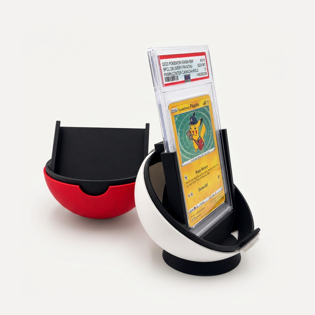 Red and white halves of a Pokeball-style display stand, the white half holding a PSA-graded card upright