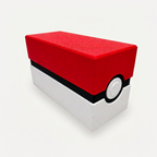 Long Pokeball-style toploader storage box with a red lid, black band, and white base, angled view