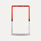 Empty red, black, and white holographic PSA slab bumper, front view