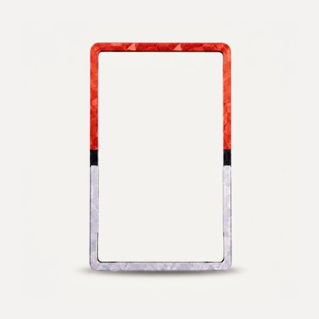 Empty red, black, and white holographic PSA slab bumper, front view