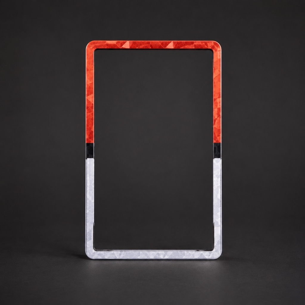 Empty red, black, and white holographic PSA slab bumper on a dark background