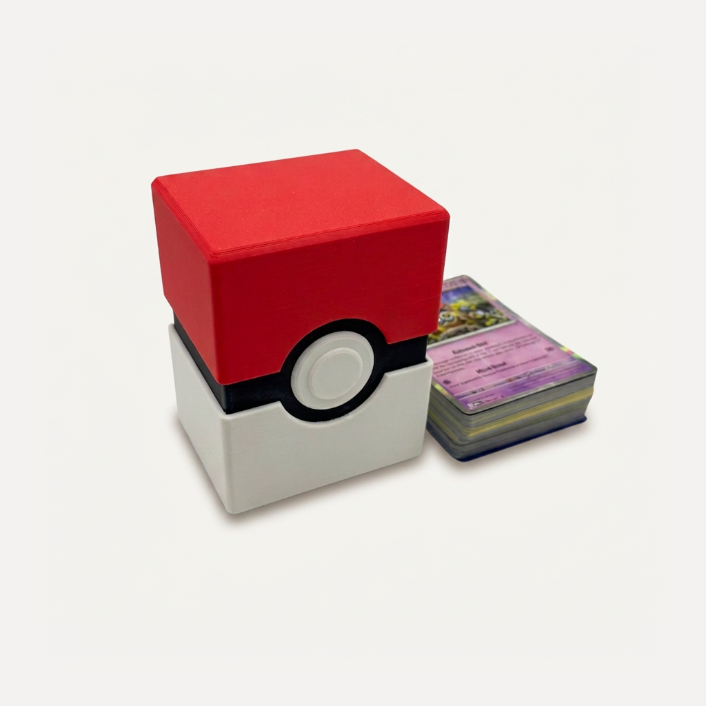 Small Pokeball-style raw card storage box beside a stack of trading cards