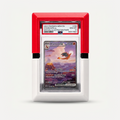 Red, black, and white Pokeball-style wall mount frame holding a PSA-graded card