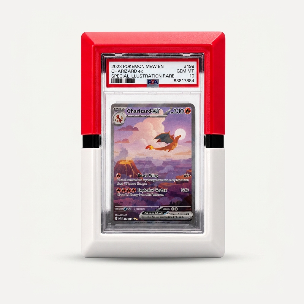 Red, black, and white Pokeball-style wall mount frame holding a PSA-graded card