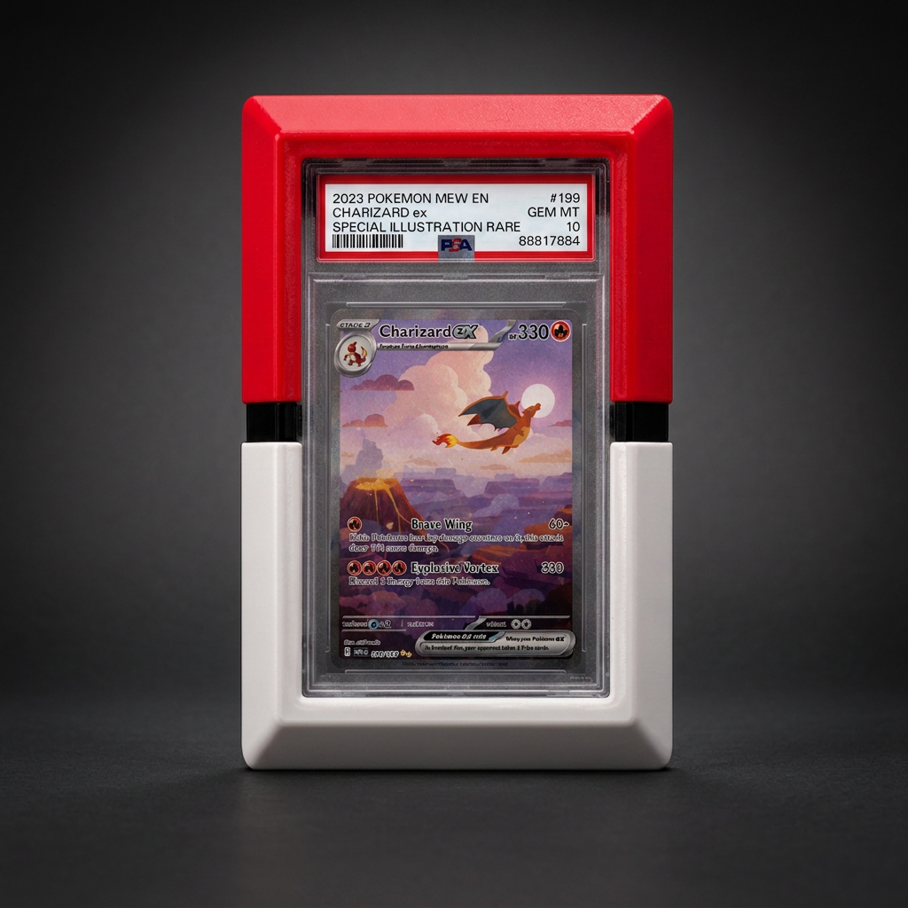 Red, black, and white Pokeball-style wall mount frame holding a PSA-graded card, on a dark background
