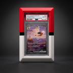 Red, black, and white Pokeball-style wall mount frame holding a PSA-graded card, on a dark background