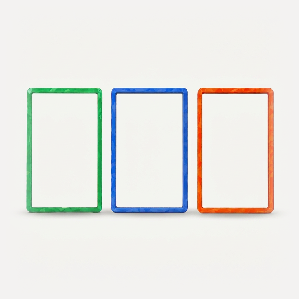 Green, blue, and orange holographic PSA slab bumpers side by side