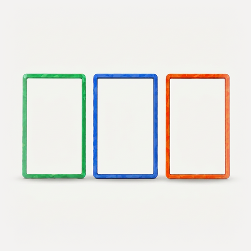 Green, blue, and orange holographic PSA slab bumpers side by side