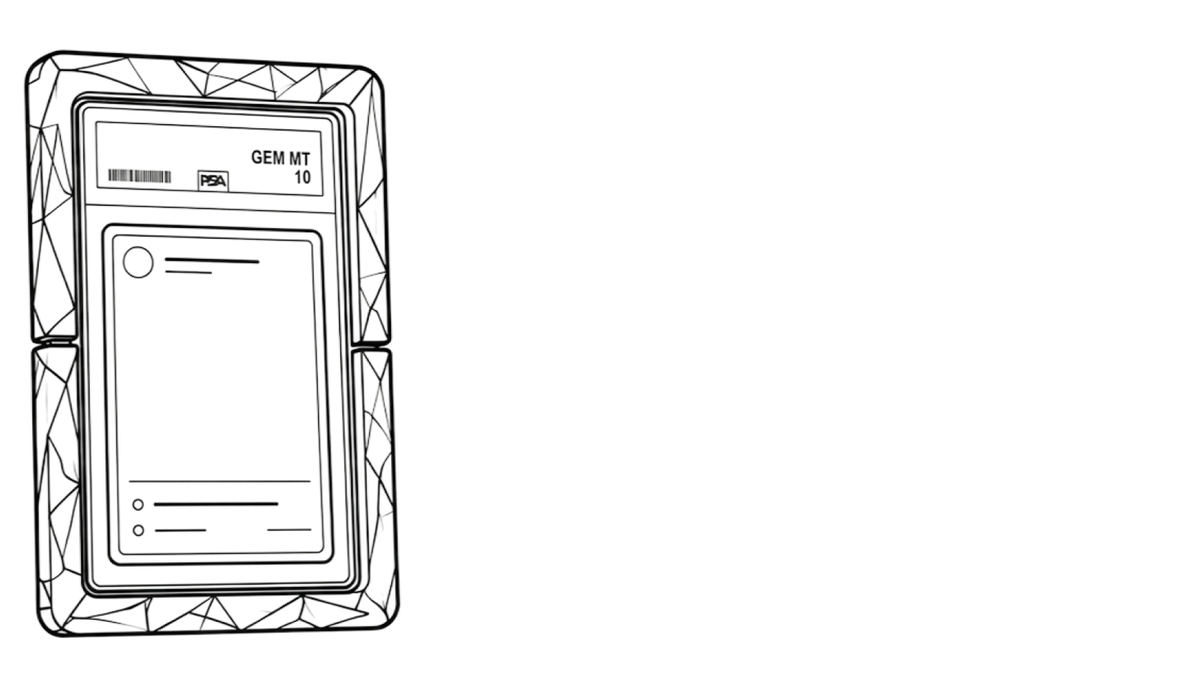 A minimalist black line art illustration of a PSA slab protected by a Slabster holographic slab bumper, centered on a solid off-white background.