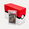 Long Pokeball-style PSA slab storage box with a PSA-graded card leaning against the front