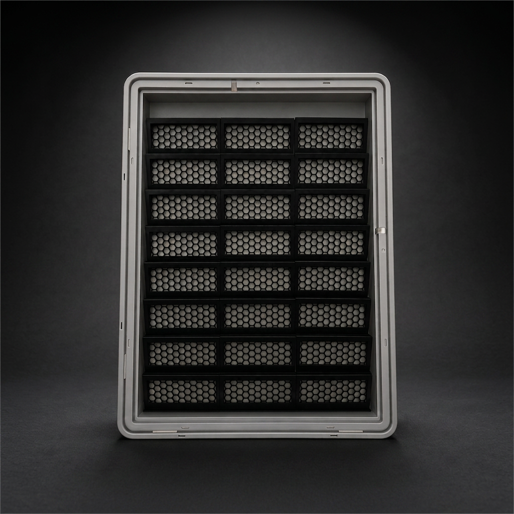 24 black honeycomb risers in three columns inside a gray Zion display case, on a dark background