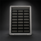 24 black honeycomb risers in three columns inside a gray Zion display case, on a dark background