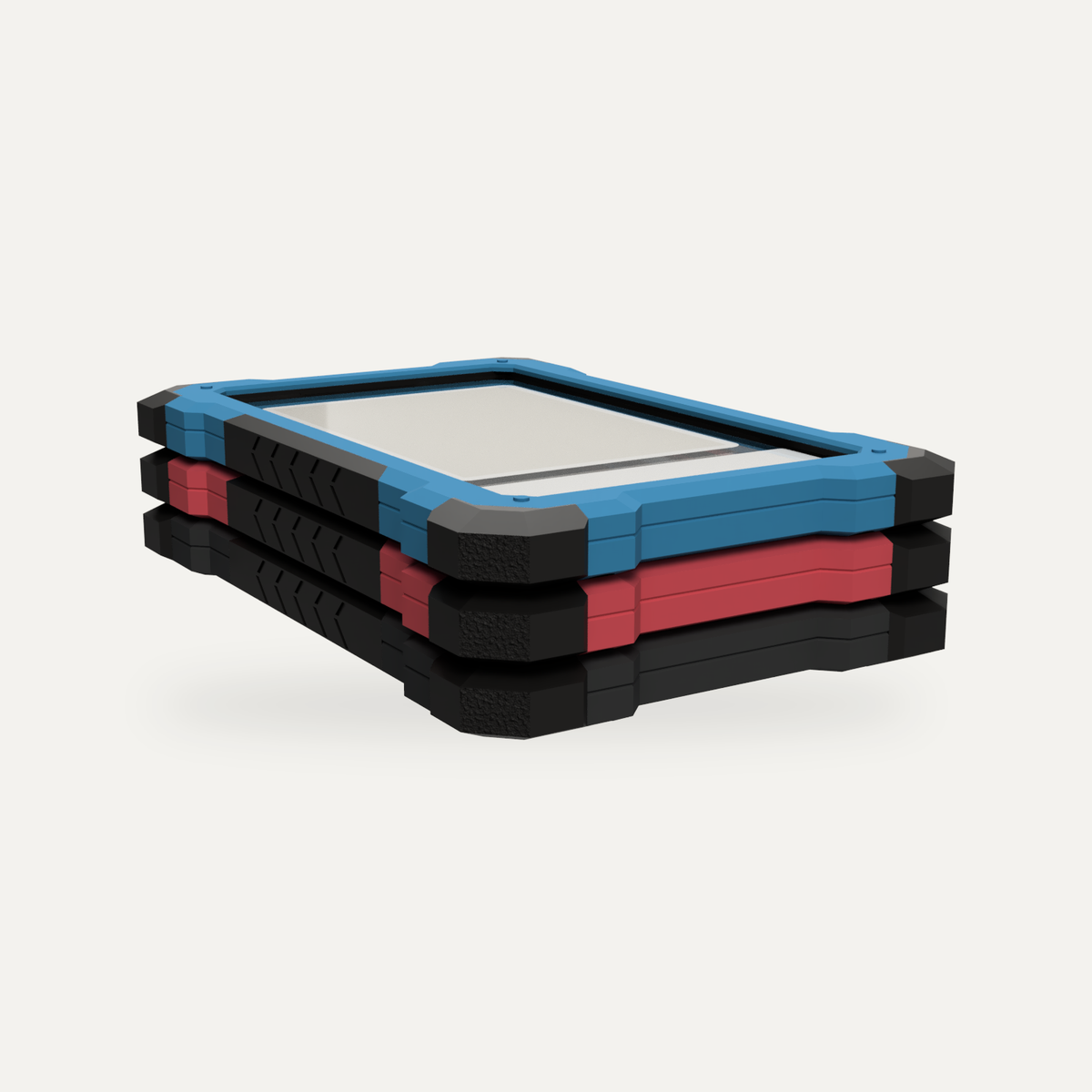 Marine Blue, Scarlet Red and Charcoal EXO cases stacked together